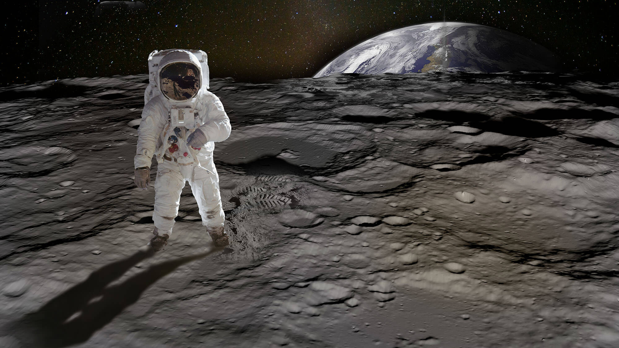 Astronauta caminhando na Lua com a Terra ao fundo - Águas de Lindóia SP